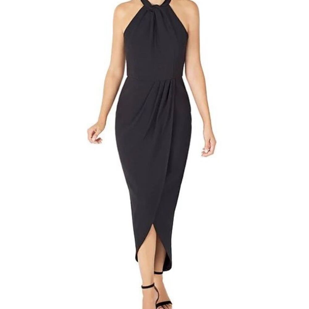 JULIA JORDAN Knot Halter Neck Sleeveless Faux Wrap Tulip Hem Midi Dress 4